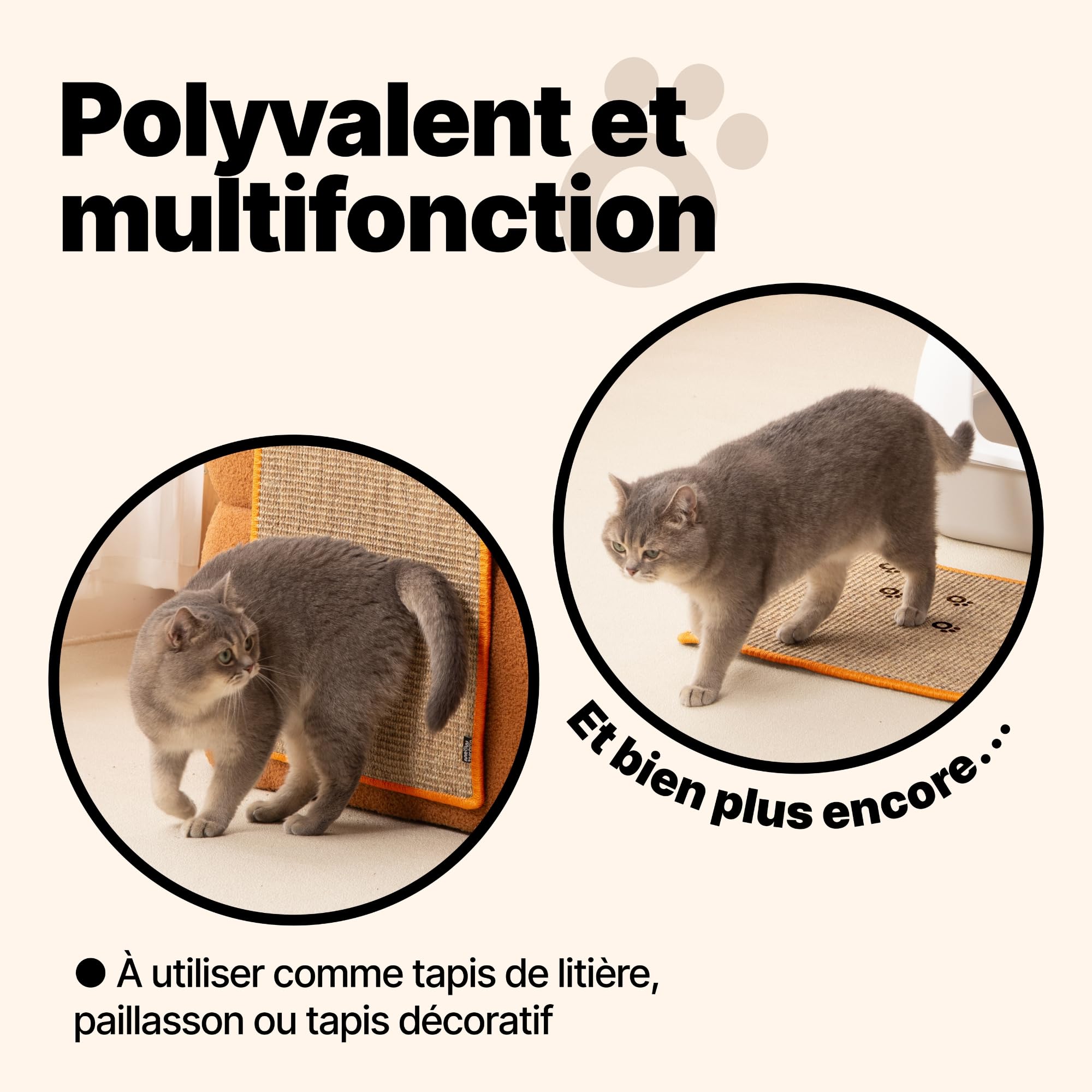 Tapis griffoir pour Chats – Tapis en sisal Naturel, résistant et Multifonction, avec Motif Empreintes, Accessoire Robuste et décoratif (Orange, 60 x 40 cm)