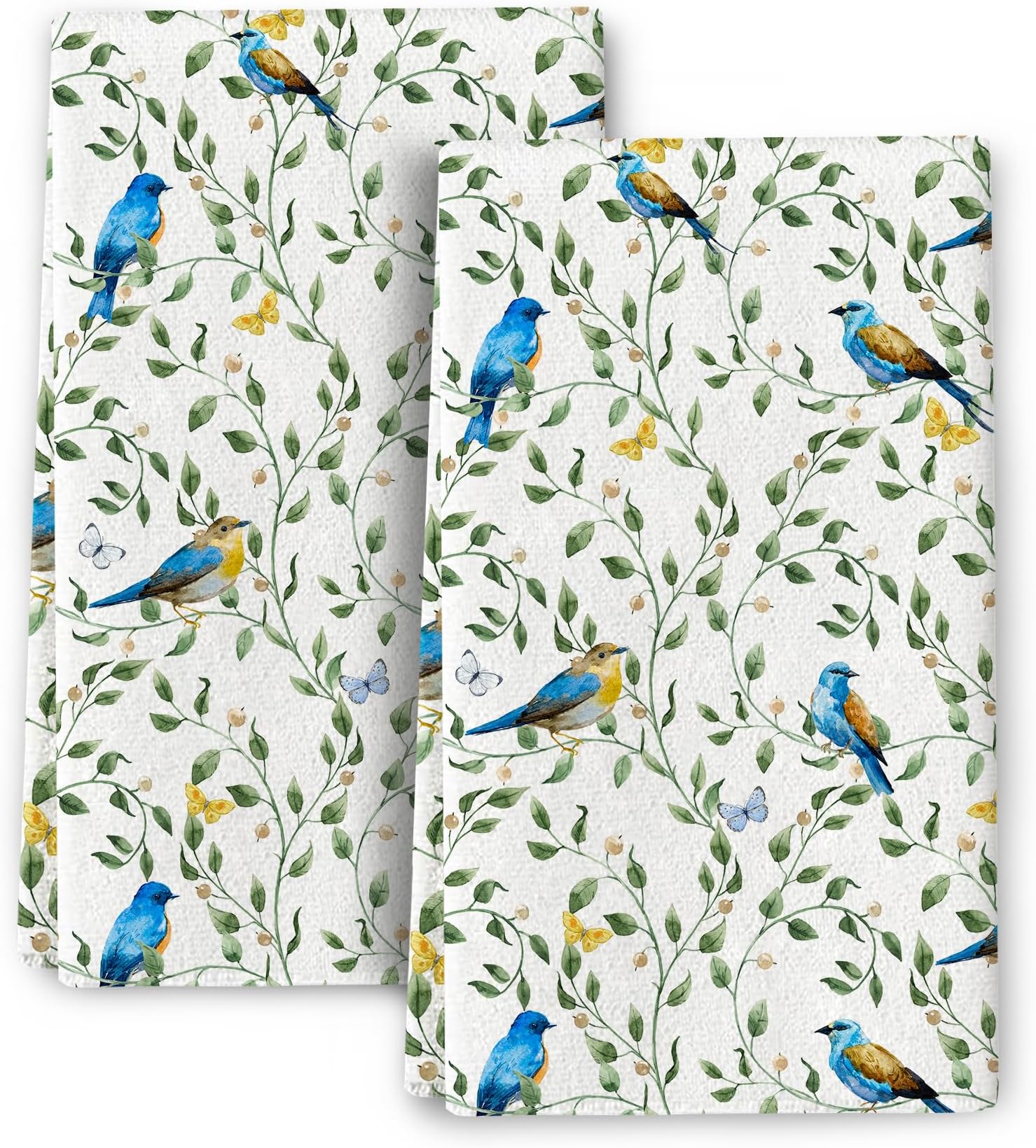 Blue Birds Kitchen Towels Sets of 2, Cute Botanic Absorbent Decorative Dish Towels Tea Towels Hand Towels for Kitchen Farmhouse Bar,Gifts for Bird Lovers,Kitchen Decor Accessories
