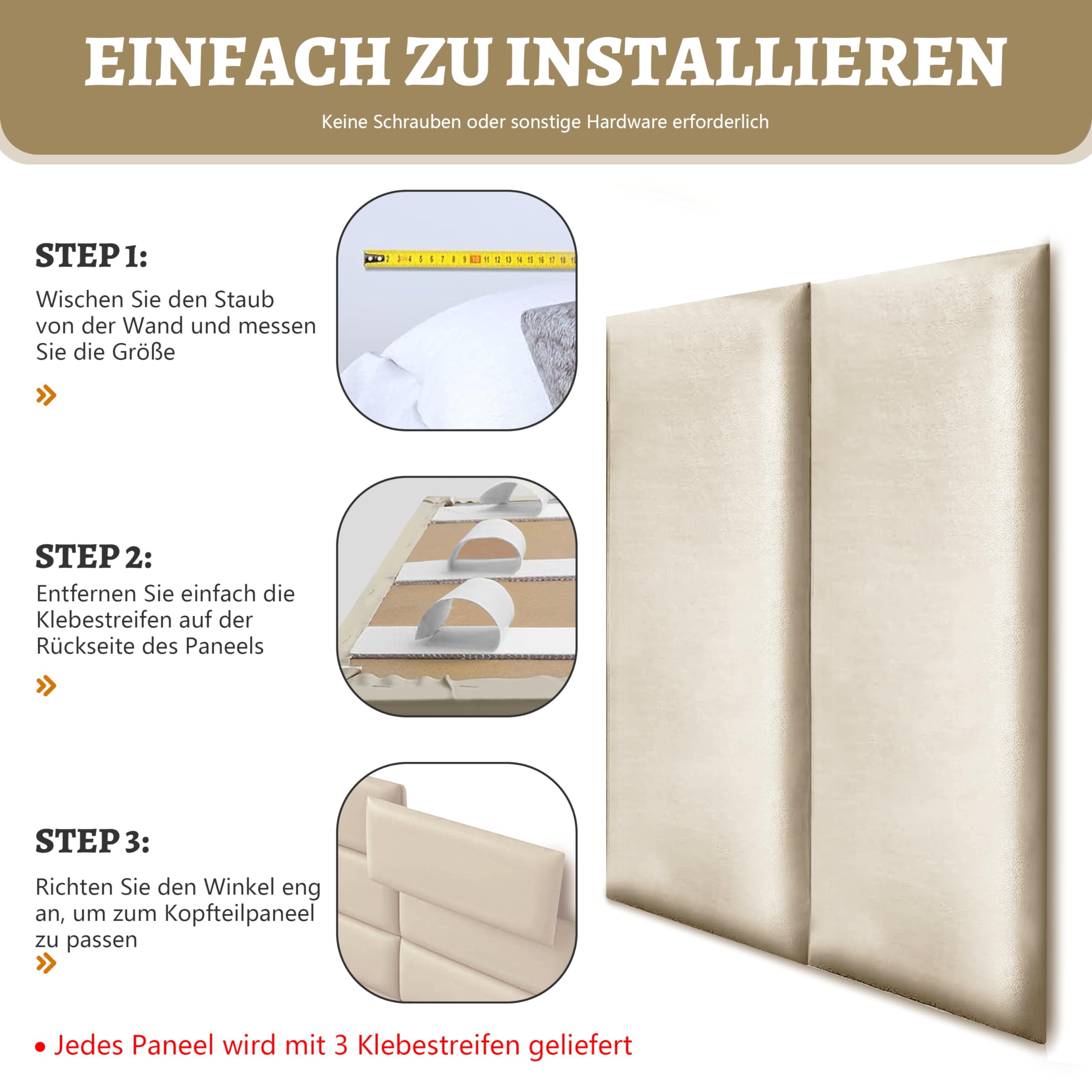 Johnear Lot de 4 coussins muraux 3D, en cuir rembourré, pour tête de lit, décoration murale, acoustique, pour chambre d'enfant, 90 x 30 cm, beige