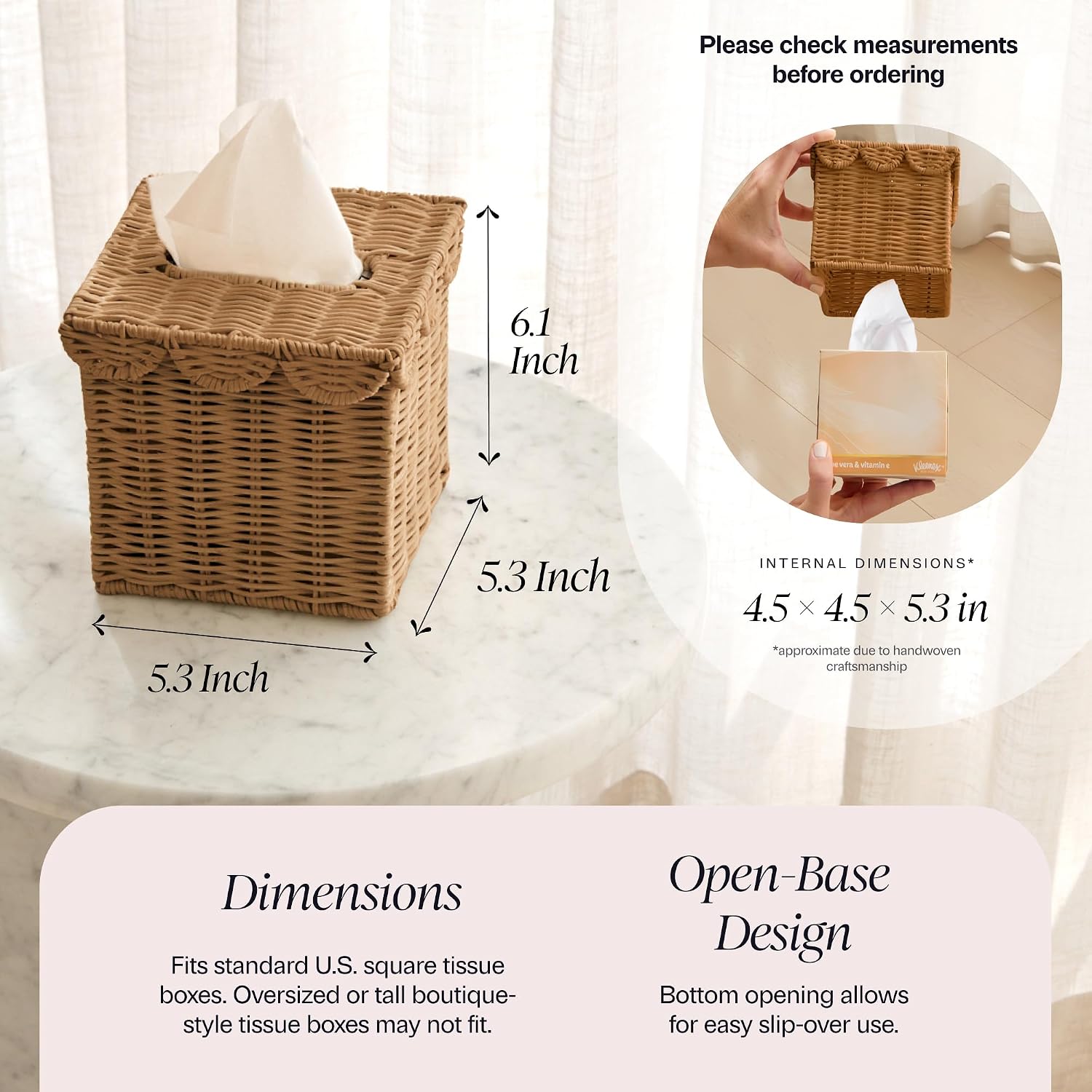 BEBE BASK Handwoven Scalloped Square Tissue Box Cover (4.5 × 4.5 × 5.3 in) – Rattan Tissue Box Cover Square – Elegant Home Accent - Mocca