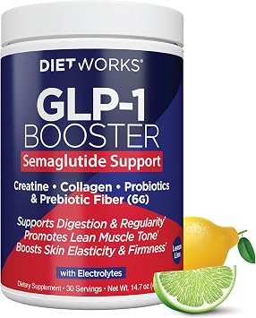 DietWorks GLP-1 Booster Daily Companion Drink Mix with 6g Prebiotic Fiber, Probiotics, Collagen & Creatine Supports Gut Health, Hydration, Energy & Wellness Lemon Lime Flavor, 30 Servings