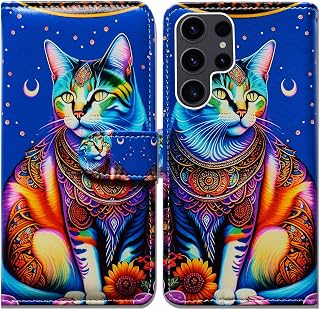 Bcov Galaxy S23 Ultra Case,Colorful Floral Cat Mandala Leather Flip Phone Case Wallet Cover with Card Slot Holder Kickstand for Samsung Galaxy S23 Ultra
