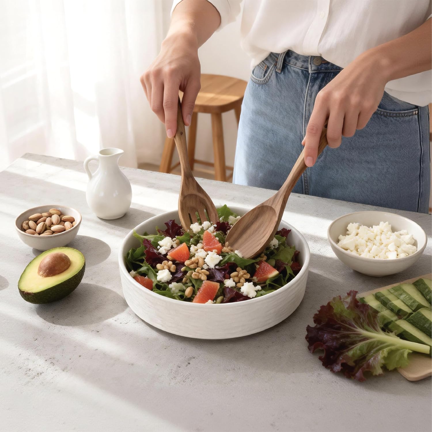 10 Inch Ceramic Salad Bowl with Acacia Wood Serving Spoon and Fork Set High Temperature Fired Stone Texture Large Serving Bowl for Pasta Fruit Popcorn Modern Centerpiece Bowl (White)