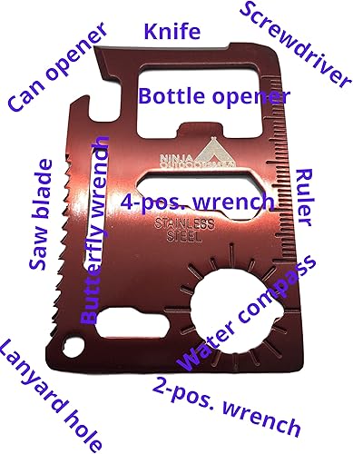 Miniatura 2 de herramienta múltiple de supervivencia, del tamaño de tarjeta de crédito, para bolsillo, de acero inoxidable, 11 en 1, Rojo