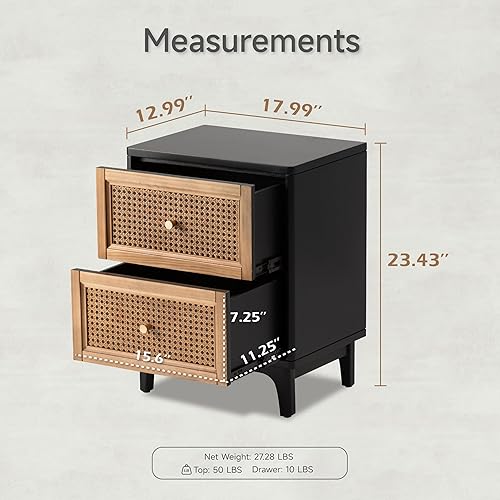 Miniatura 3 de COZAYH Juego de 2 mesitas de noche totalmente montadas con 2 cajones de caña tejida con botones de latón, color negro
