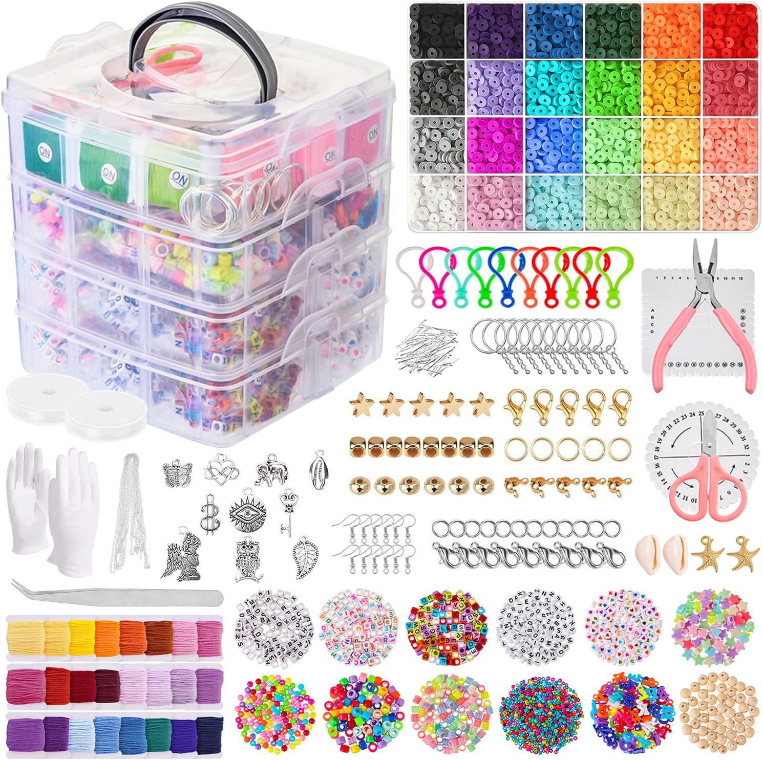 Kit de Miçangas para Pulseiras, 12000 Para Fabricação Joias Pulseiras, kit de pulseira de elastico com Contas Coloridas, Pingentes e Acessórios, Caixa Organizadora 16x15x15cm presente para meninas