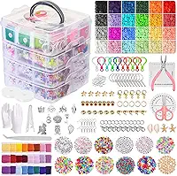 Kit de Miçangas para Pulseiras, 12000 Para Fabricação Joias Pulseiras, kit de pulseira de elastico com Contas Coloridas, Pingentes e Acessórios, Caixa Organizadora 16x15x15cm presente para meninas