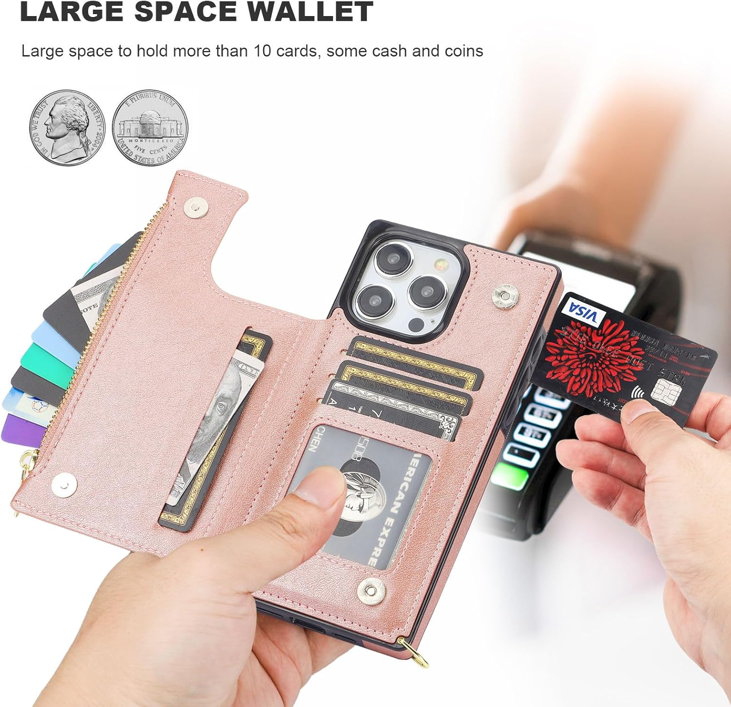 Bocasal Crossbody Wallet Case for iPhone 15 Pro Max with RFID Blocking Card Slot Holder, Magnetic Flip Folio Purse Case, PU Leather Zipper Handbag with Detachable Lanyard Strap 6.7 Inch 5G (Rose Gold)