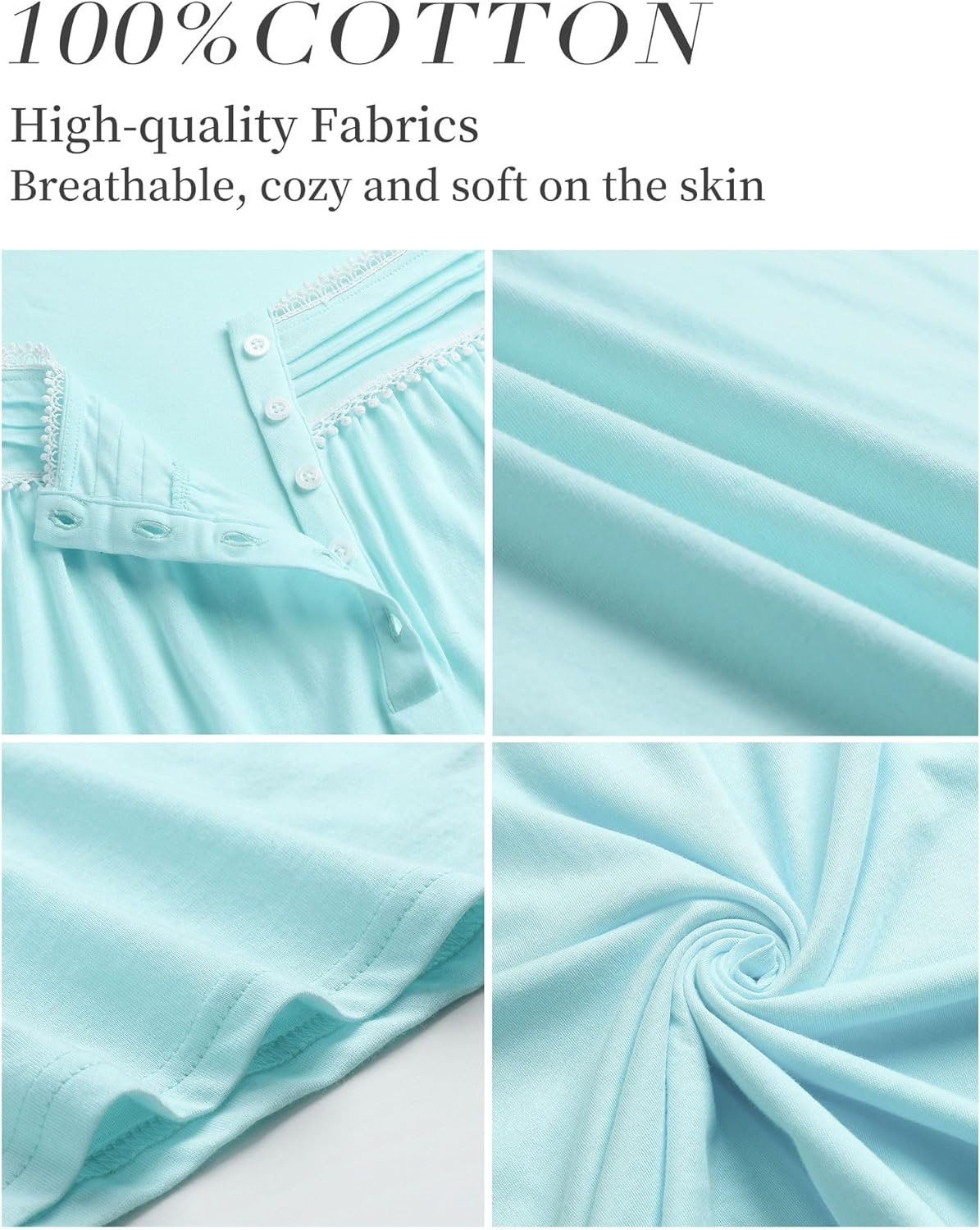 100% Cotton Nightgowns for Women Soft Lace Sleep Shirt Long Sleepwear - Image 2