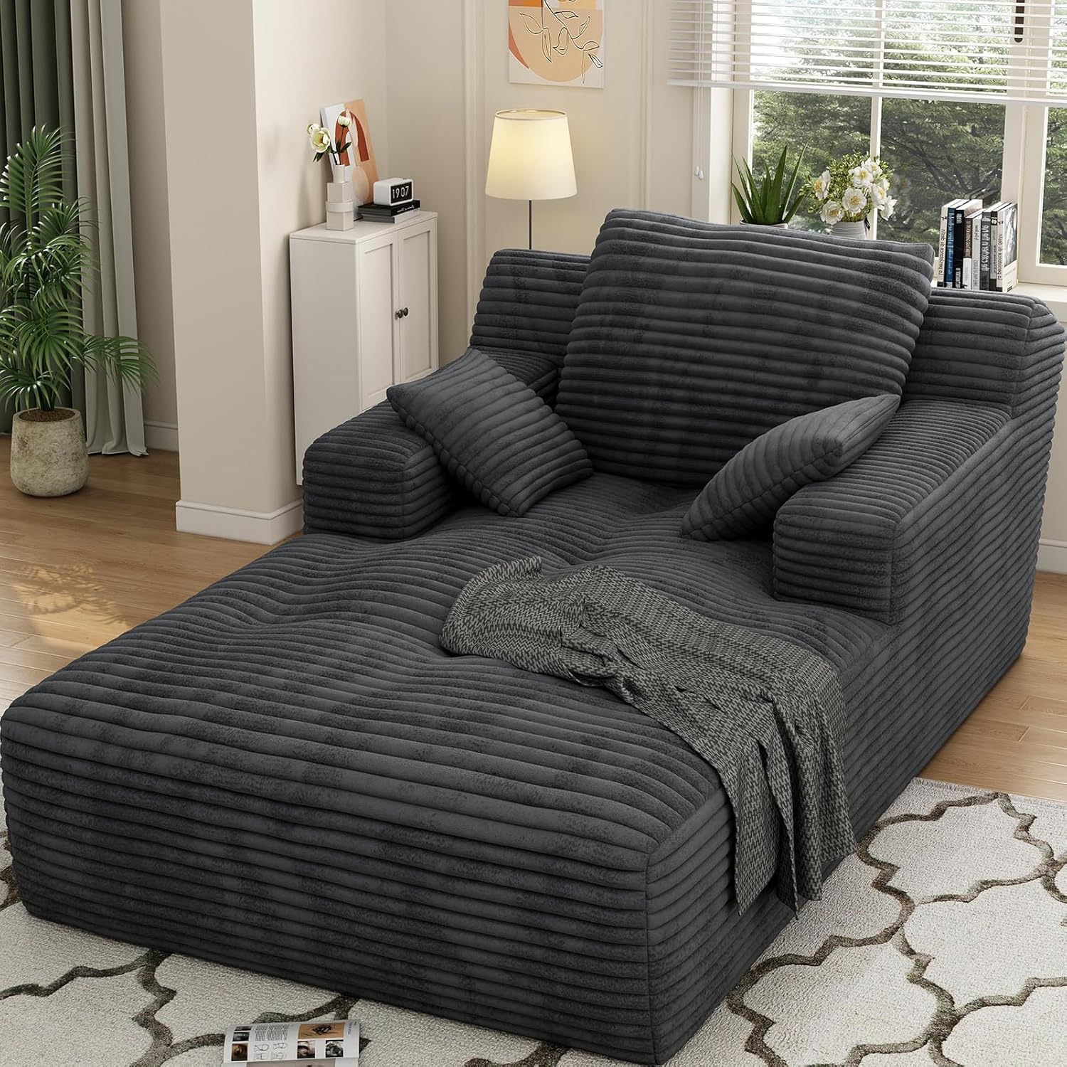 67'' Chaise Lounge Chair Indoor, Oversized Deep Seat Sofa Bed, Sleeper Couch with Ergonomic Pillows, Fluffy Faux Fur Upholstered Reading Chair for Living Room or Bedroom, Black Grey