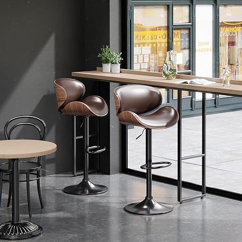 Miniatura 2 de ONME Juego de 2 taburetes de bar giratorios de altura ajustable Bentwood, silla de bar tapizada de piel sintética con respaldo y reposapiés, silla