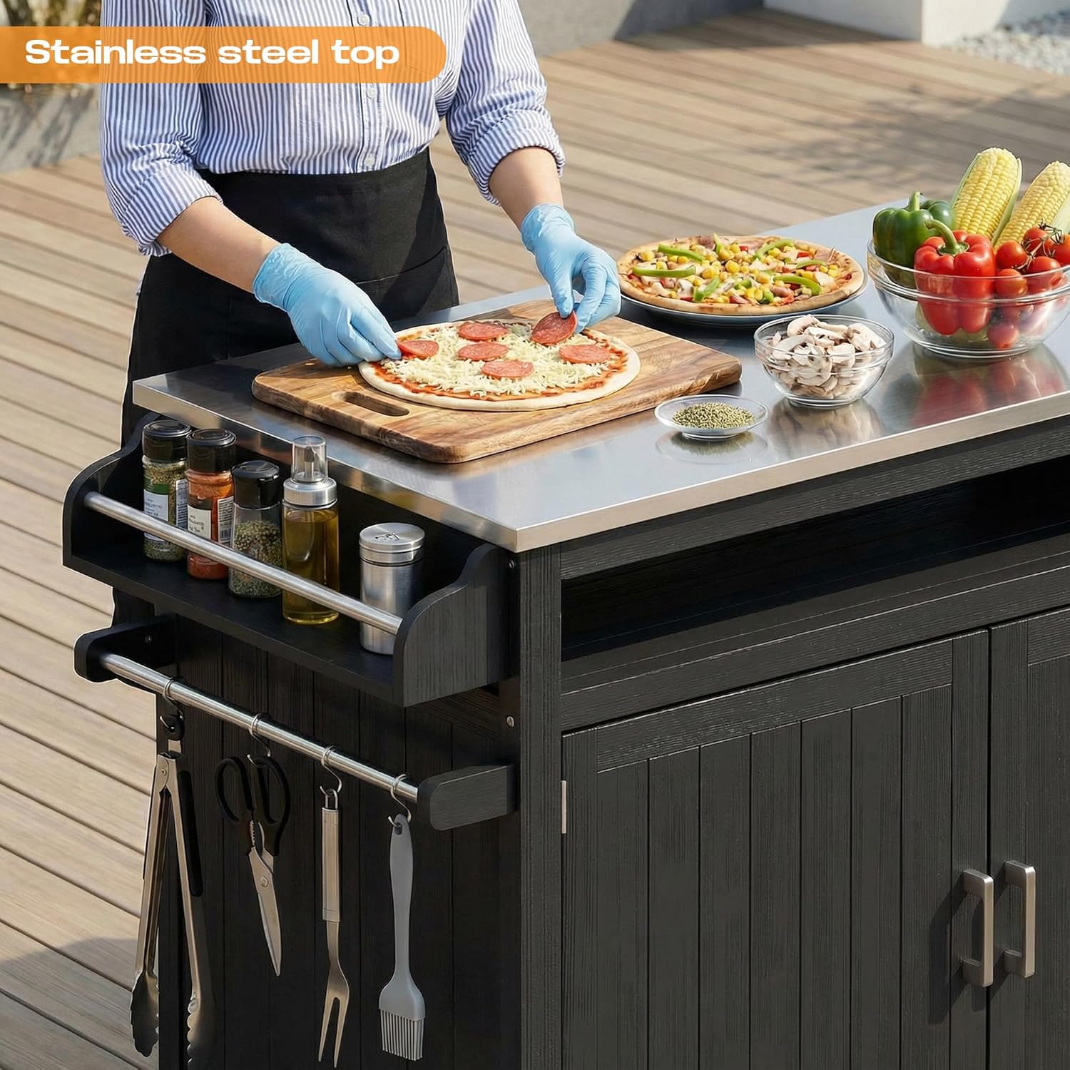 43.3-Inch Outdoor Kitchen Island with Storage Cabinet and Stainless Steel Top, Solid Wood Prep Station Grill Table with Lockable Wheels for Patio, Backyard, Party (Black)
