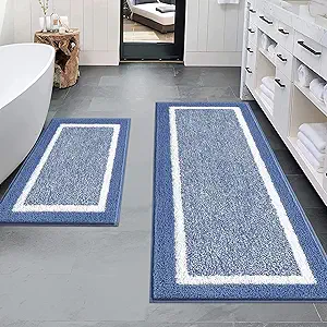 Pauwer Bathroom Rugs Sets 2Pc, Non Slip, Absorbent, Machine Washable, Blue, 18x26+18x48 inches
