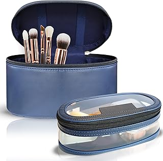 SEVA Makeup Bag, 2 Piece Cosmetic Bag, Toiletry Organizer with Brush Divider, TSA Approved, Waterproof Case with Zipper, Durable Artificial Leather, Vacation Essentials, Travel Must Haves, Size S/M