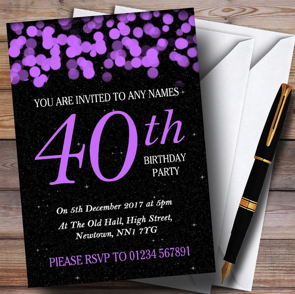 Purple Bokeh & Stars 40th Personalized Birthday Party Invitations