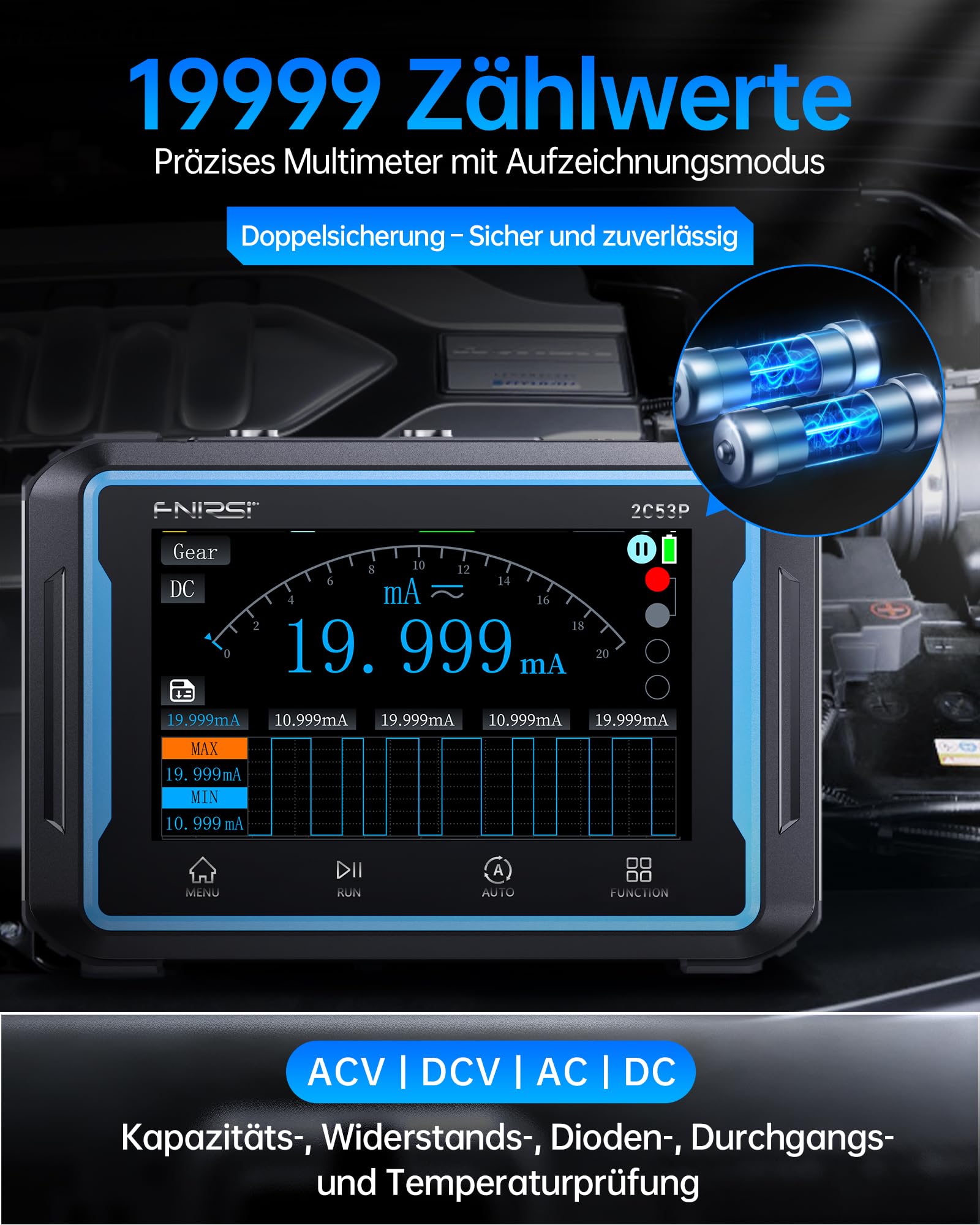 FNIRSI 2C53P Handheld Tablet Oszilloskop, Multimeter, DDS-Signalgenerator 3IN1, 2-Kanal Automobil Oszilloskop Multimeter mit 50MHz Bandbreite, 19999 Zählungen, 250MS/s Abtastung, 4,3-Zoll-Touchscreen