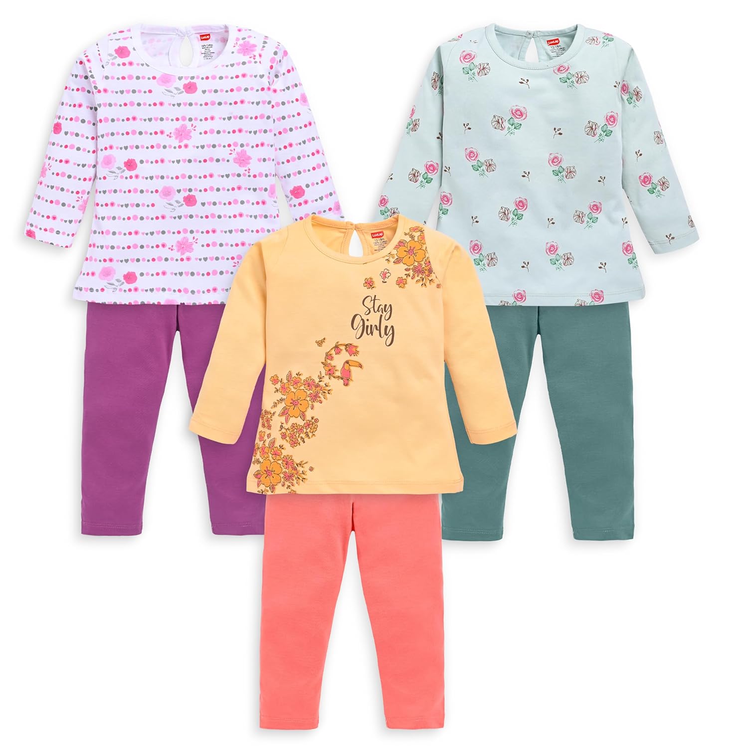 LuvLap Baby Girls 100% Cotton Full Sleeve Girls Top & Pyjama CoSets Pack of 3