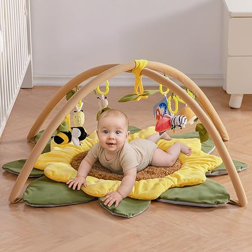 Miniatura 8 de ROBOTIME Gimnasio de juego para bebés con tapete de juego para bebé, 7 juguetes sensoriales desmontables para desarrollo visual, táctil, auditivo y