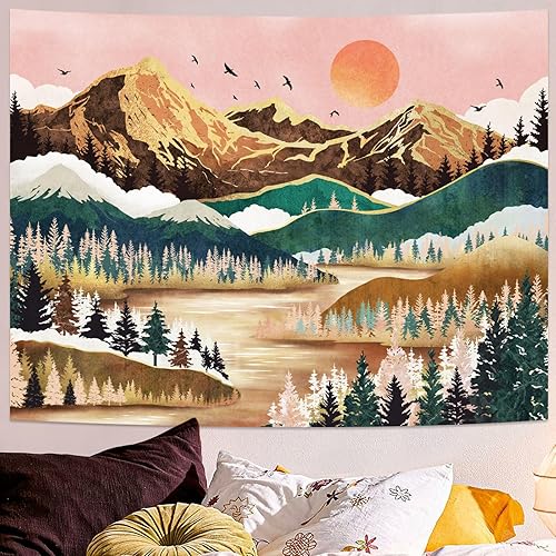 Miniatura 9 de Neasow Tapiz de montaña, bosque natural, árbol, lago, paisaje, tapices, puesta de sol, decoración de pared naranja y verde para el hogar,