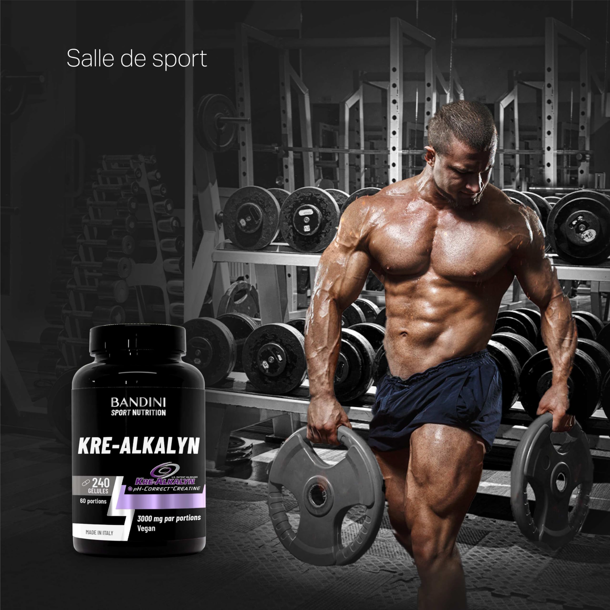 Bandini® Kre-Alkalyn® 240 capsules - Créatine alcaline tamponnée - Booster | Spécial Exercices intenses, Entraînement, Muslces, Sport et Gym - Gélules Végétalien - Monohydrate de creatine tamponnée