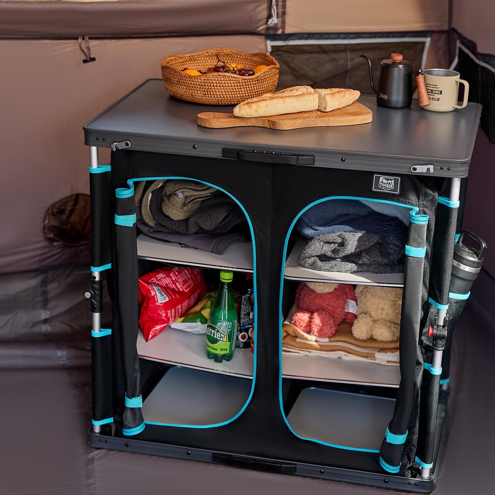 TIMBER RIDGE Campingküche Campingschrank Faltbar Aluminiumgestell Camping Regal Klappbar Outdoor Faltschrank All-in-one Küchenbox mit Tragetasche