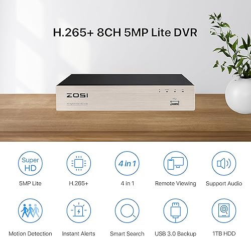 Miniatura 9 de ZOSI 8CH 5MP Lite H.265+ Sistema de cámara de seguridad para el hogar al aire libre con disco duro de 1 TB, DVR con cable de 8 canales con 8 cámaras