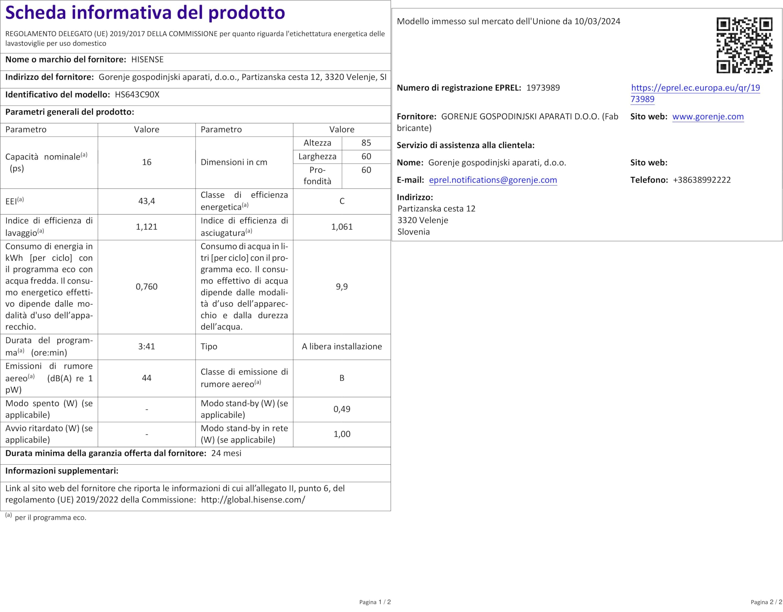 Lavastoviglie Hisense HS643C90X Libera Installazione - 16 Coperti, 6 Programmi, Classe C, Silver
