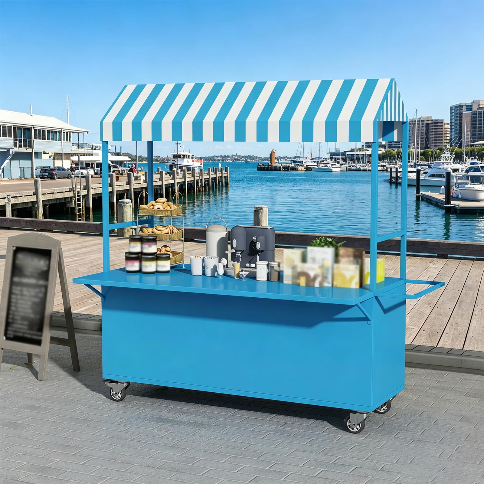 Carrello portatile per alimenti da esterno con tettuccio, carrello mobile per vendite di alimenti, carrello con ruote (design aperto blu, 120 x 90 x 210 cm), ideale per festival ed eventi