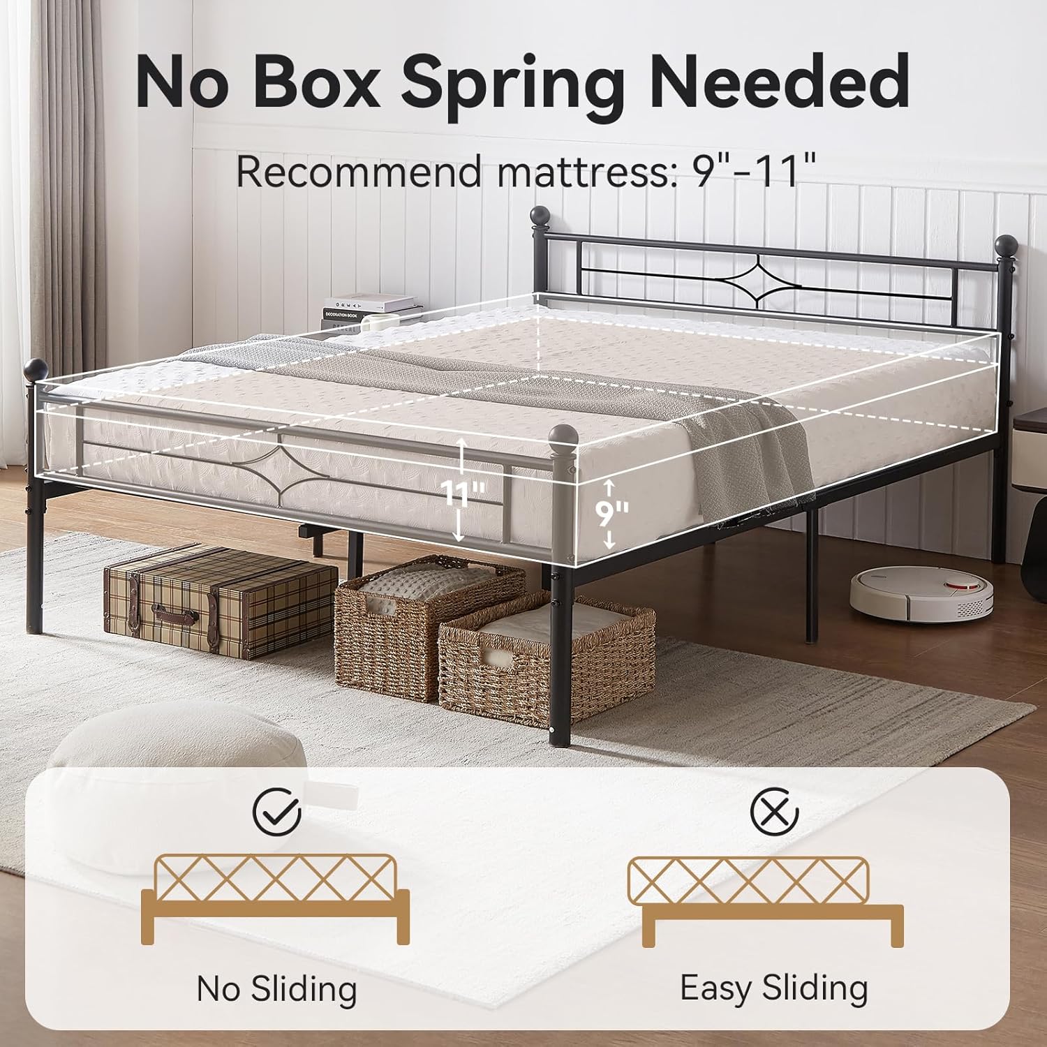 Nelaukoko Full Metal Bed Frame with Headboard and Footboard, Platform Bed Frame Full Size with Storage Underneath, Strong Metal Slats Support, No Box Spring Needed, Easy Assembly, Black