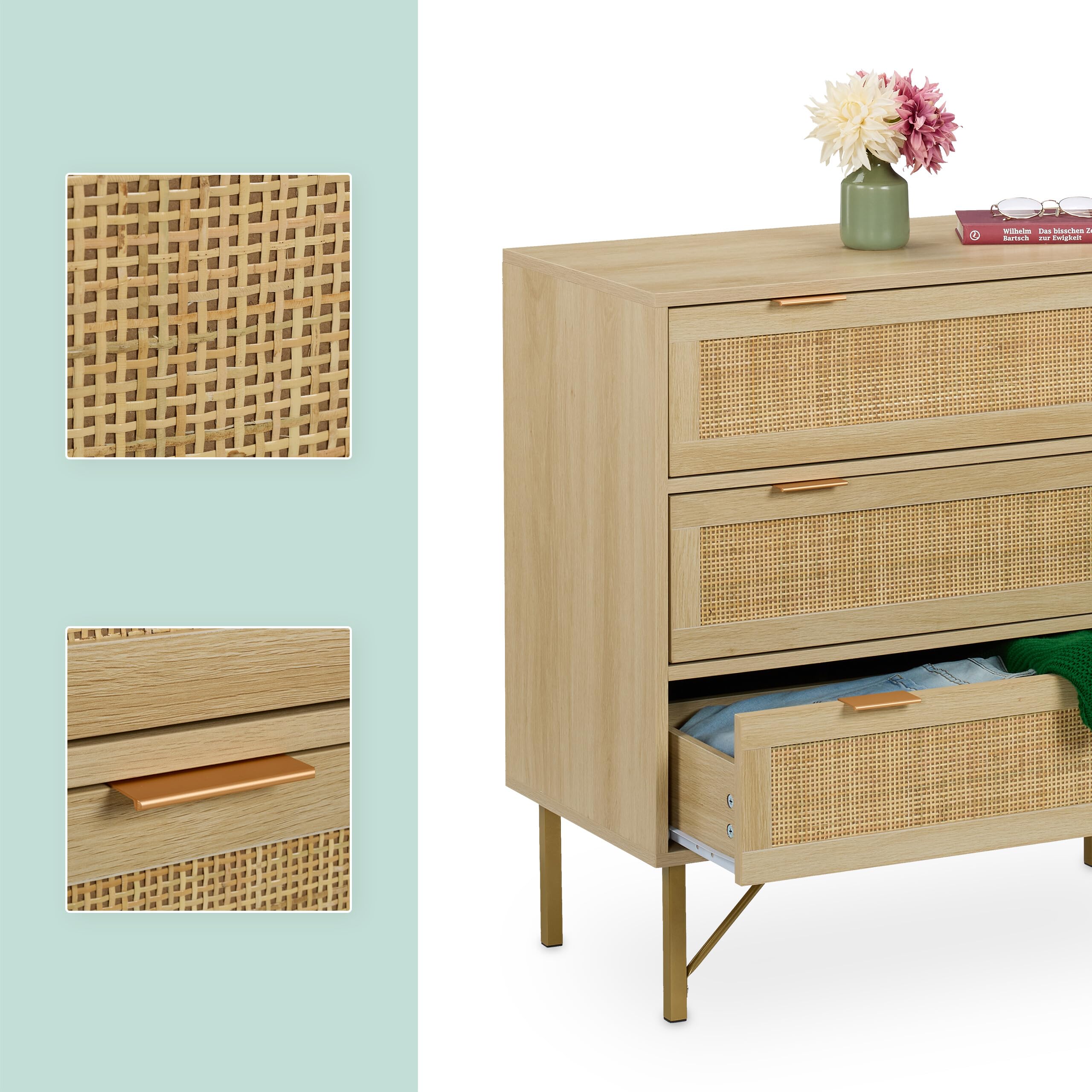 Relaxdays Cómoda, 3 Cajones, Ratán y Efecto Madera, 80 x 80 x 42 cm, Salón, Pasillo, Estilo Boho, Natural/Dorado