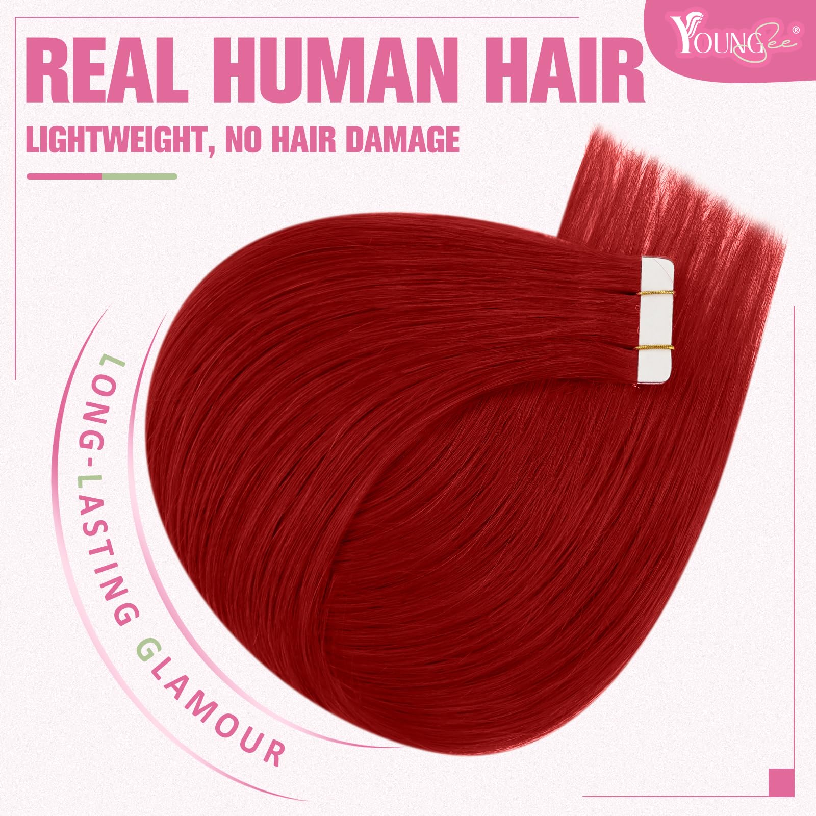 YoungSee Tape in Hair Extensions Red Tape Hair Extensions Real Human Hair Tape-in Color Human Hair Extensions Tapes Easy to Apply 18In 25G 10Pcs - Image 2
