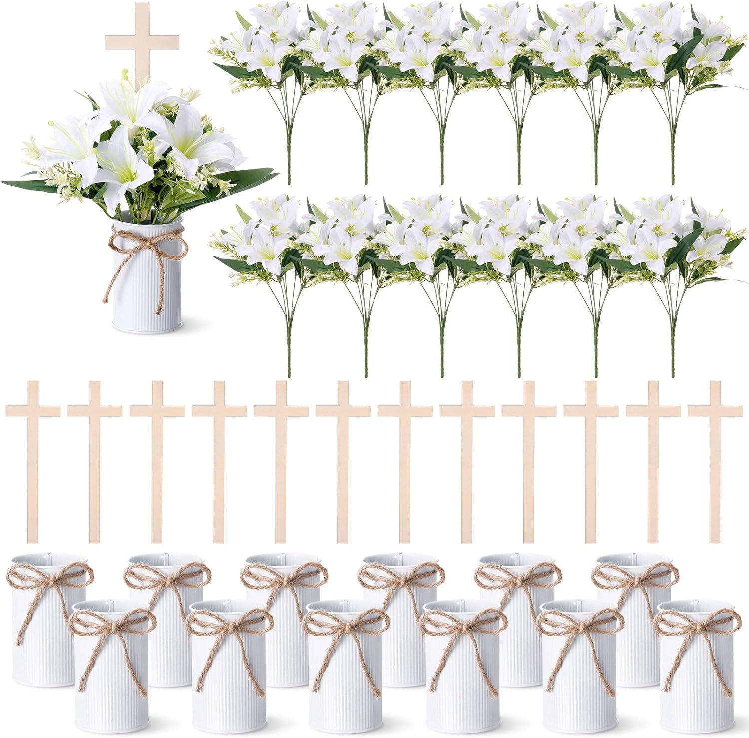 12 Sets Baby Baptism Decorations, White Metal Vase Artificial Lily Flowers with Wooden Cross, First Communion Christian Jesus Decorative Centerpiece for Table Home Church