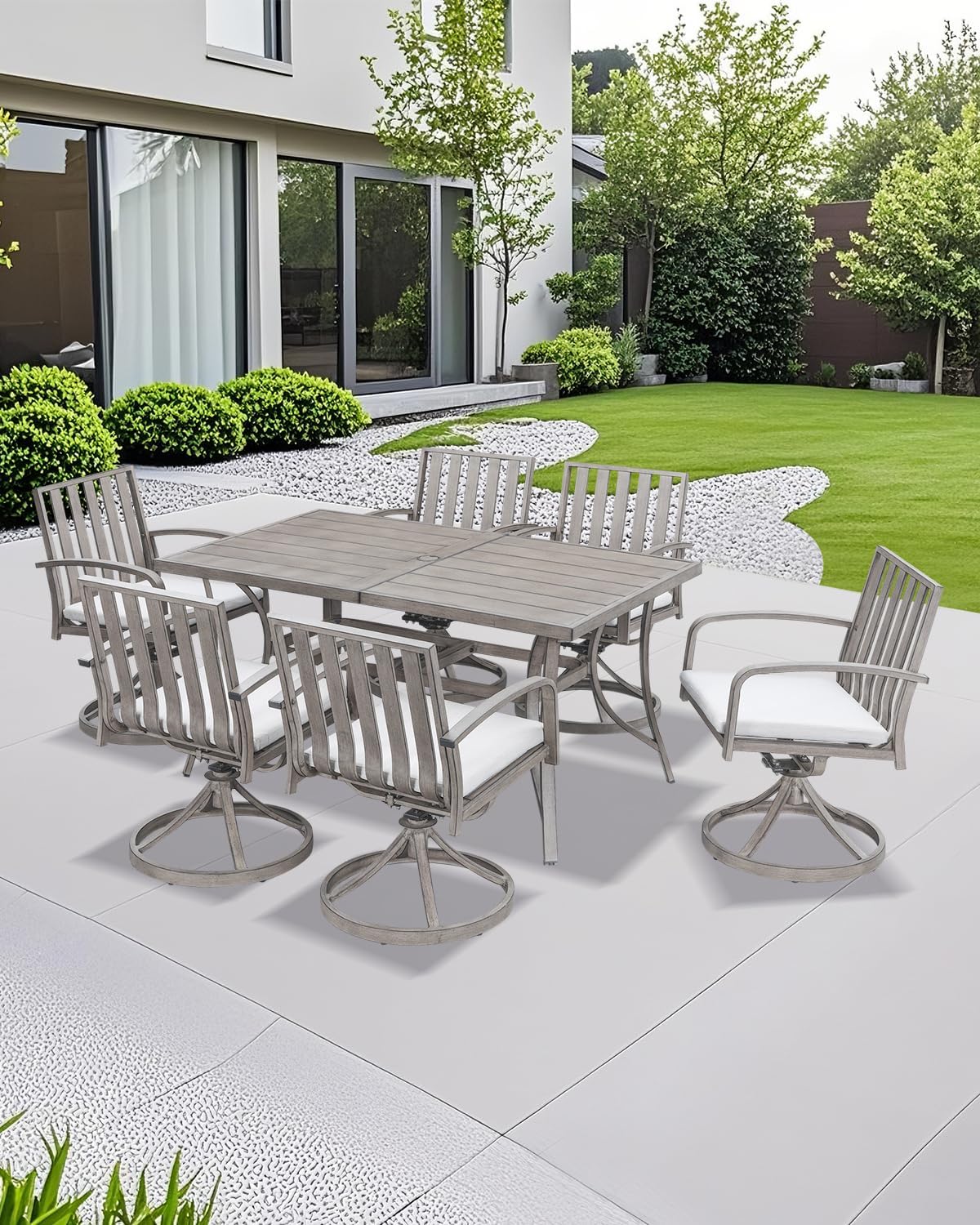 7 Piece Limed Oak Outdoor Dining Set, Aluminum Swivel Patio Dining Set with Cushions, 6 Swivel Chairs and Patio Table, Outdoor Furniture Set with Umbrella Hole for Deck, Garden, Backyard