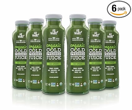 ALLWELLO Organic Cold Pressed Juice Drinks with Real Fruits and Vegetables Gluten Free Non-GMO Healthy Juices No Preservatives No Sugar Adde (6 Pack, Go Green)