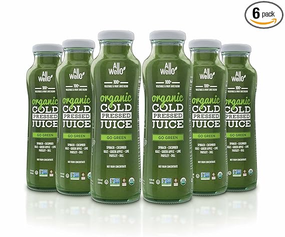 ALLWELLO Organic Cold Pressed Juice Drinks with Real Fruits and Vegetables Gluten Free Non-GMO Healthy Juices No Preservatives No Sugar Adde (6 Pack, Go Green)
