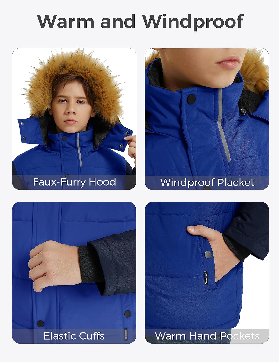 Wantdo Boys' Winter Coat Warm Puffer Coat Waterproof Winter Jacket with Faux Fur Hood - Image 6