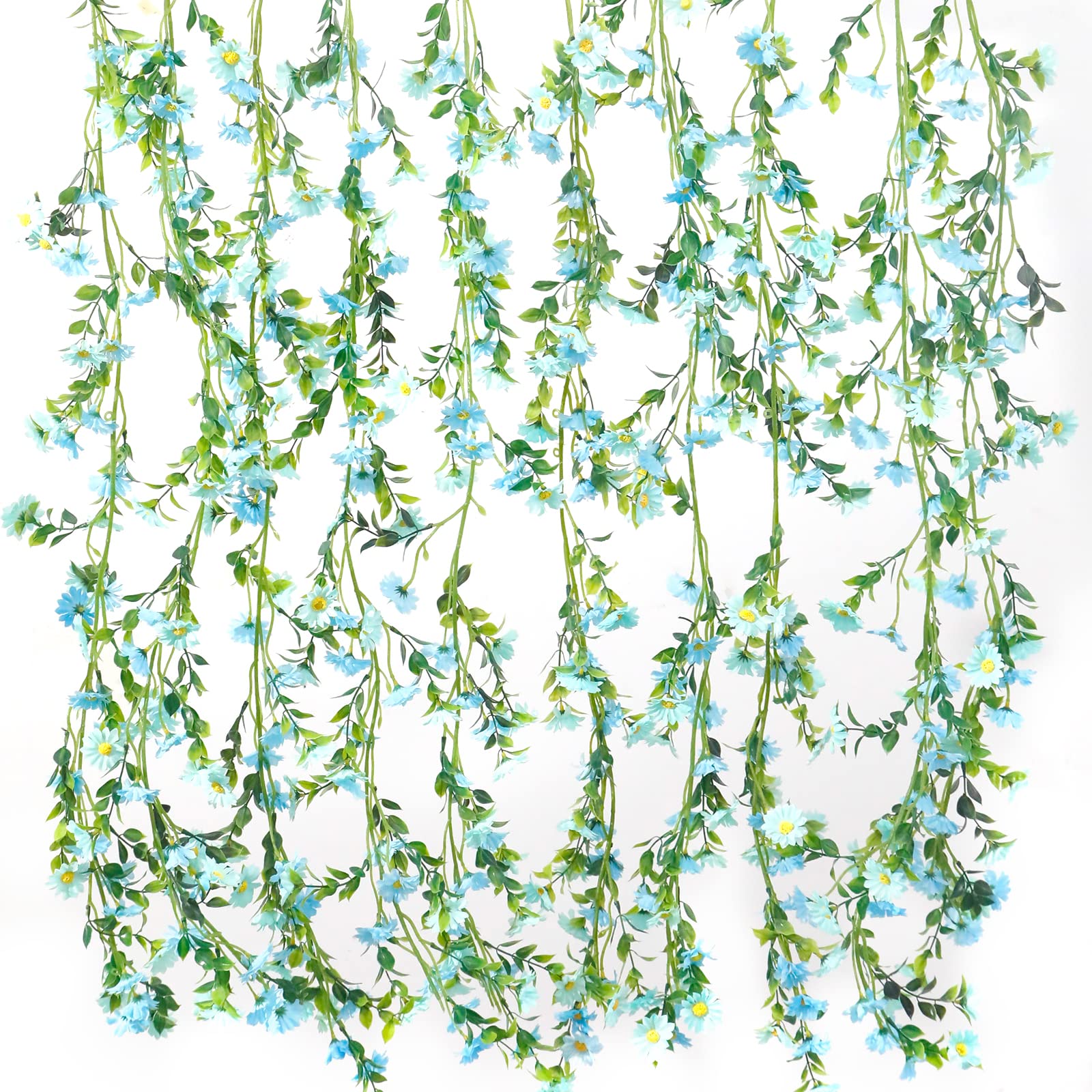 Nejlue 2pcs Artificial Daisy Flower Garlands 6.7ft Fake Flower Ivy Vine with Leaves for Wall House Room Patio Indoor Outdoor Decor (Blue and Sky Blue)