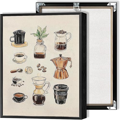 Arte de pared vintage de café capuchino, cafetera, granos de cacao, pósteres de lienzo para amantes del café, baristas, impresiones para sala de