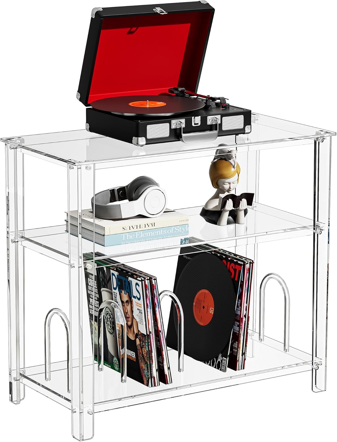 Acrylic Record Player Stand, with Vinyl Storage, Turntable Stand, Vinyl Record Storage Table for Living Room, Office (Clear, 31.5'' x 15.7'' x 29'')