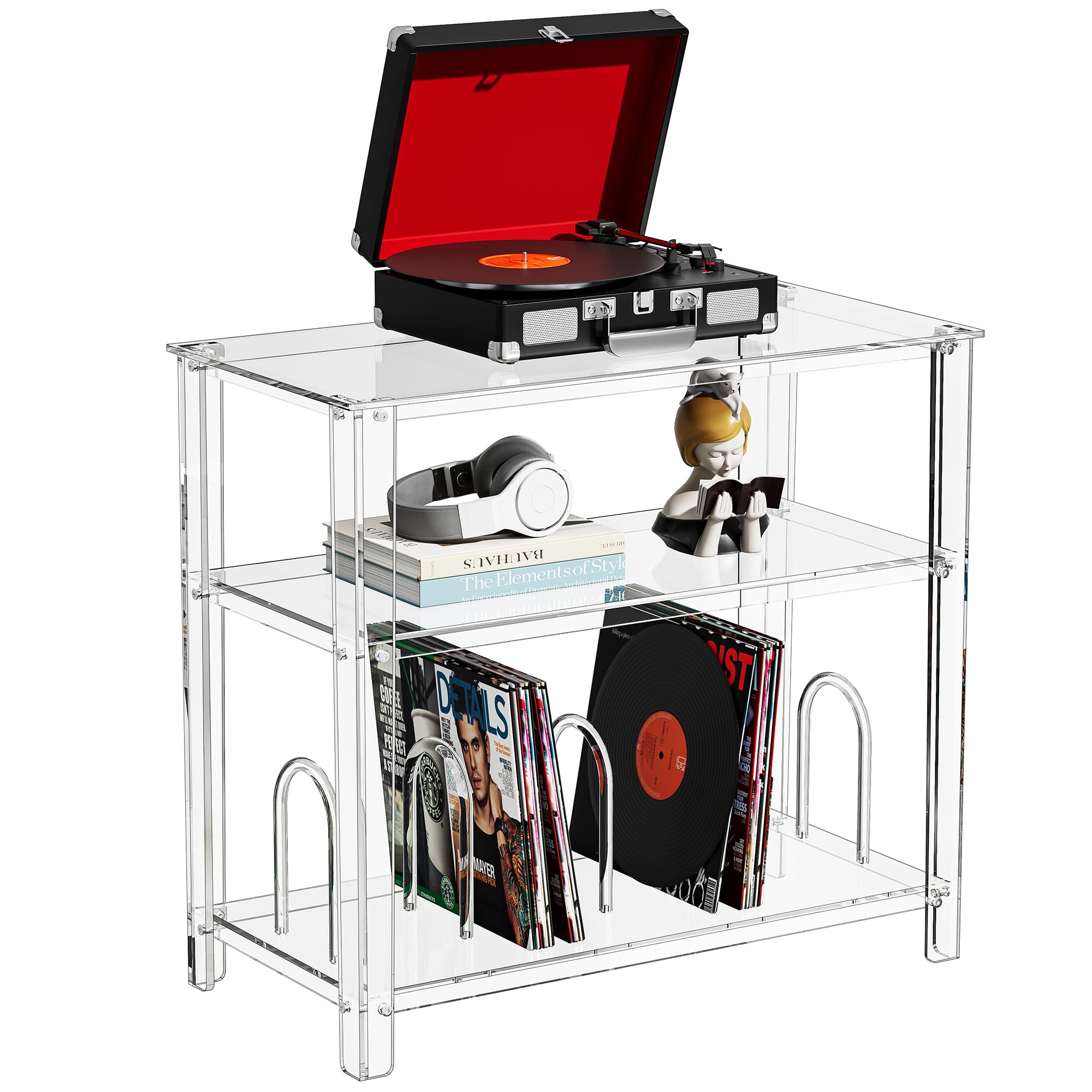 – Acrylic Record Player Stand, with Vinyl Storage, Turntable Stand, Vinyl Record Storage Table for Living Room, Office (Clear, 31.5'' x 15.7'' x 29'')