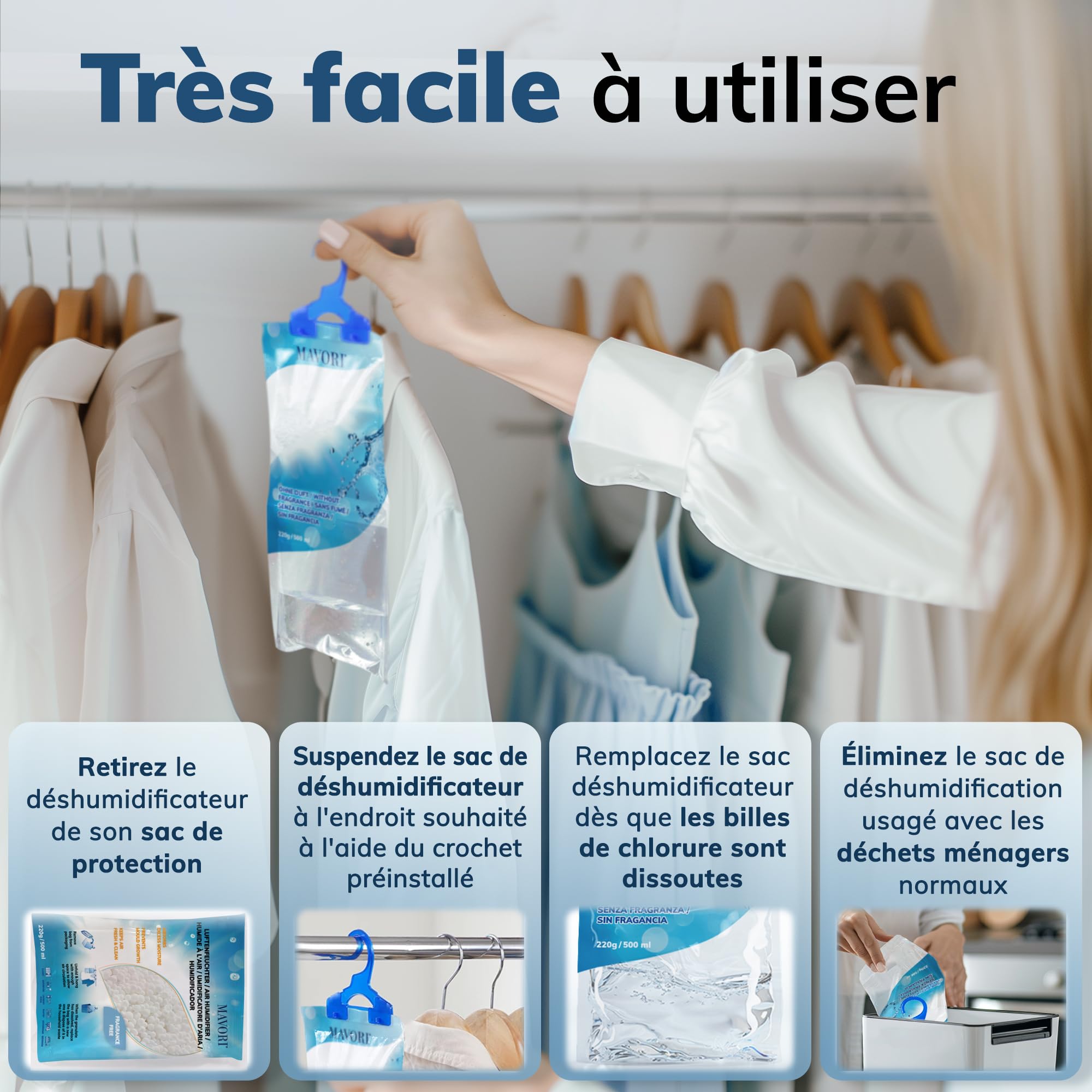 Lot de 10 déshumidificateurs XL à suspendre I sacs déshumidificateurs I déshumidificateur armoire et absorbeurs d'humidité pour pièces contre l'humidité, les moisissures et les odeurs