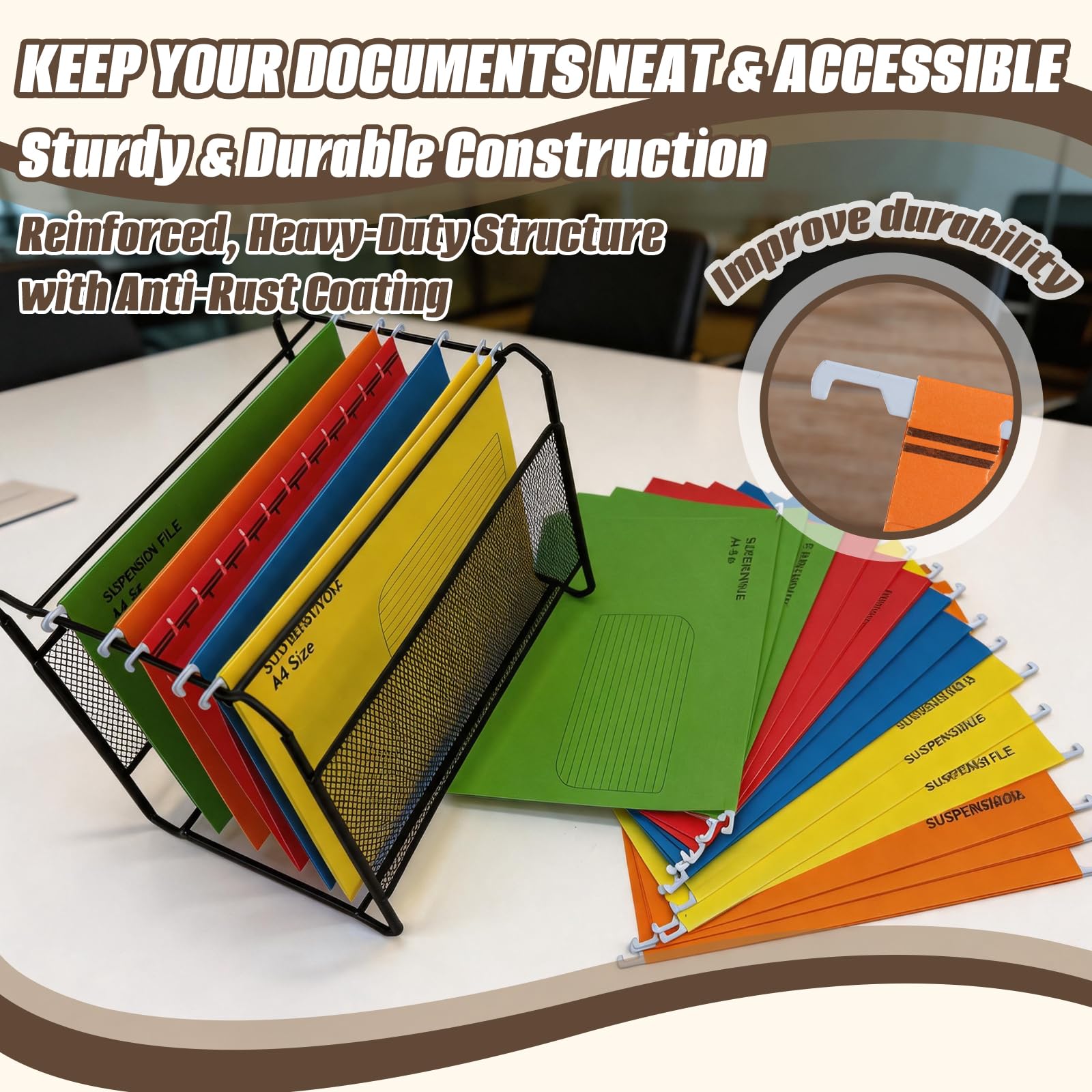Organizador de Carpetas Colgantes con Carpeta para Documentos, Archivador Carpetas Colgantes Malla Negra A4, 20 Piezas Carpetas A4, Caja Archivador Mueble de Sobremesa, Uso Oficina y el Hogar