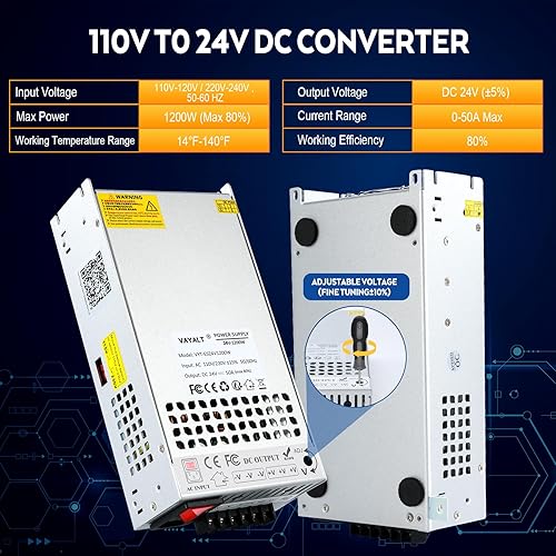 Miniatura 3 de VAYALT Fuente de alimentación de conmutación de 24V 50A 1200W DC, Universal Regulado Conmutación AC 110V220V a DC 24V Transformador, Fuente de