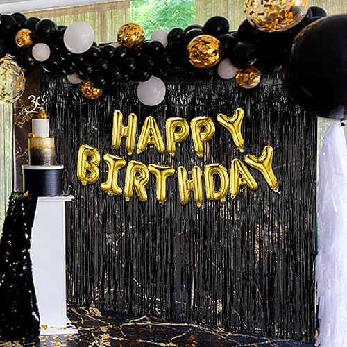 Miniatura 6 de Paquete de 2 cortinas negras para fiestas, telón de fondo de oropel de papel de aluminio, decoraciones de fiesta de Halloween, cumpleaños,