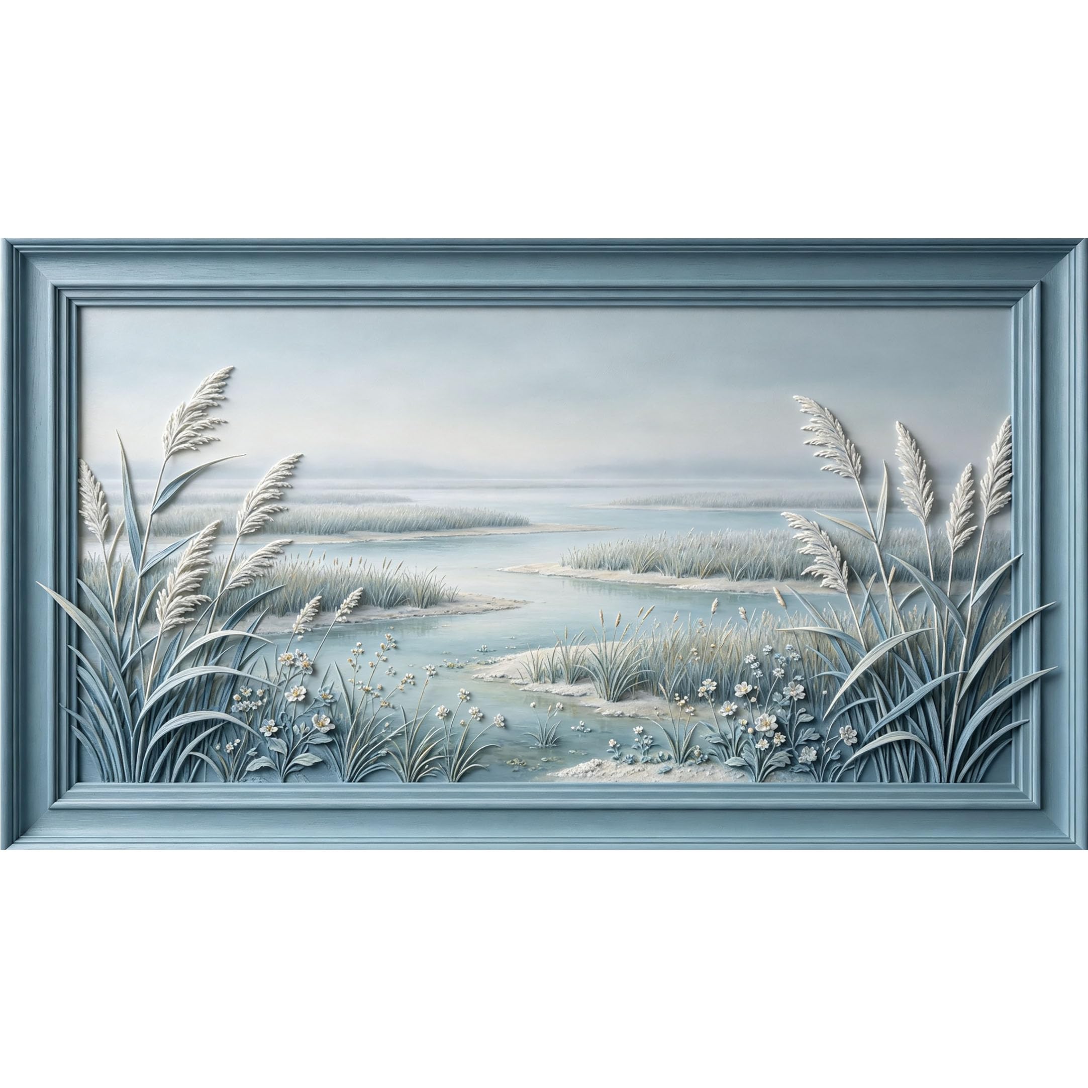 QZLITHOTIC 50×90cm3D Framed Wall Art， Coastal Marshland Landscape Botanical Self?Adhesive Mural， Water?Activated Peel & Stick Fabric Decor Wall Decal for Bedroom Living Room