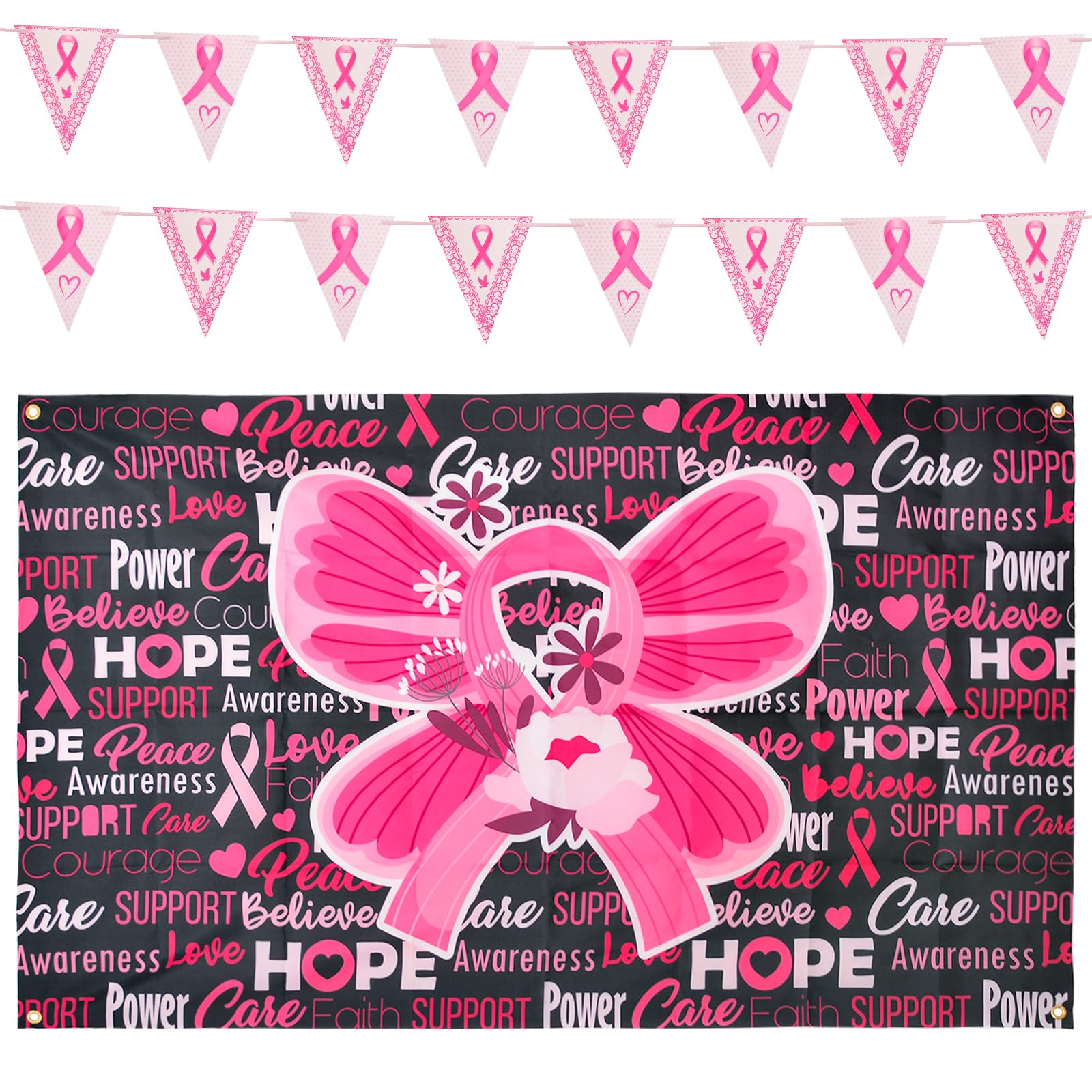 WANDIC Pink Ribbon Supplies, 1.64 * 0.98 yd. Pink Ribbon Backdrop & 16pcs Breast Cancer Awareness Pennant Banner Polyester Background with Flags for Party Decoration