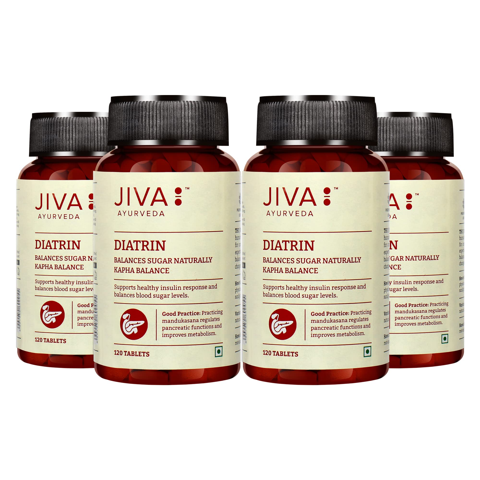 Jiva Diatrin Tablets 500mg | 100% Ayurvedic Formulation | Manages Blood Sugar Levels, Improves Metabolism & Strengthens the Pancreas | Balances Tri-Dosha- 120 Tablets (Pack of 4)