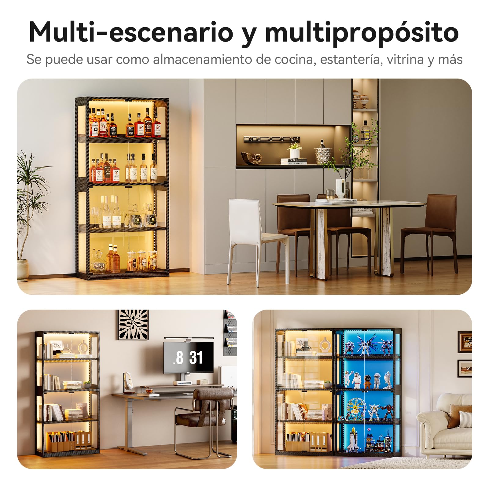 Coleshome Vitrina Cristal LED 4 Estantes, Expositor Puertas, 160cm, Negro | Montaje Fácil Acrílico 360° Anticaída Mando Fibra Carbono Cerrado Salón Oficina Gaming