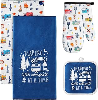 4 Pcs Camping Dish Towels Pot Holders Oven Mitts Set Making Memories One Campsite at a Time RV Kitchen Towels Soft Absorbent Pot Holder Oven Mitt Dish Cloths Hand Towels