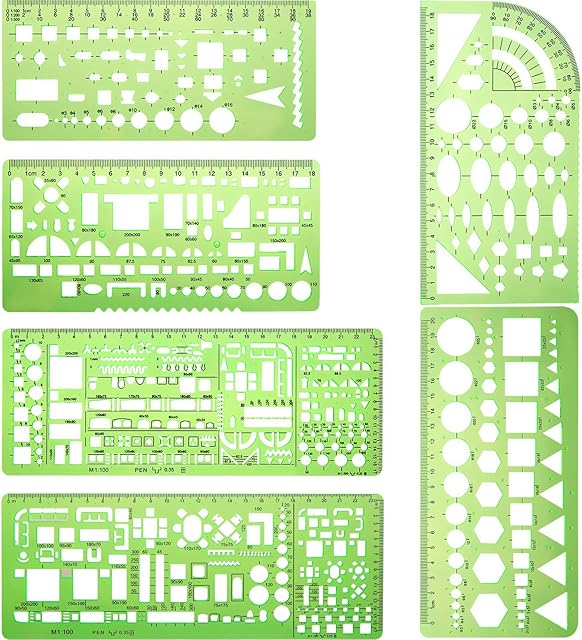 6 Pieces Plastic Measuring Templates Building Formwork Stencils Geometric Drawing Rulers for Office and School, Clear Green